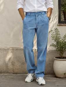 Baggy Straight Fit Pant with Dark Blue Side Stitch & Pocket Bone