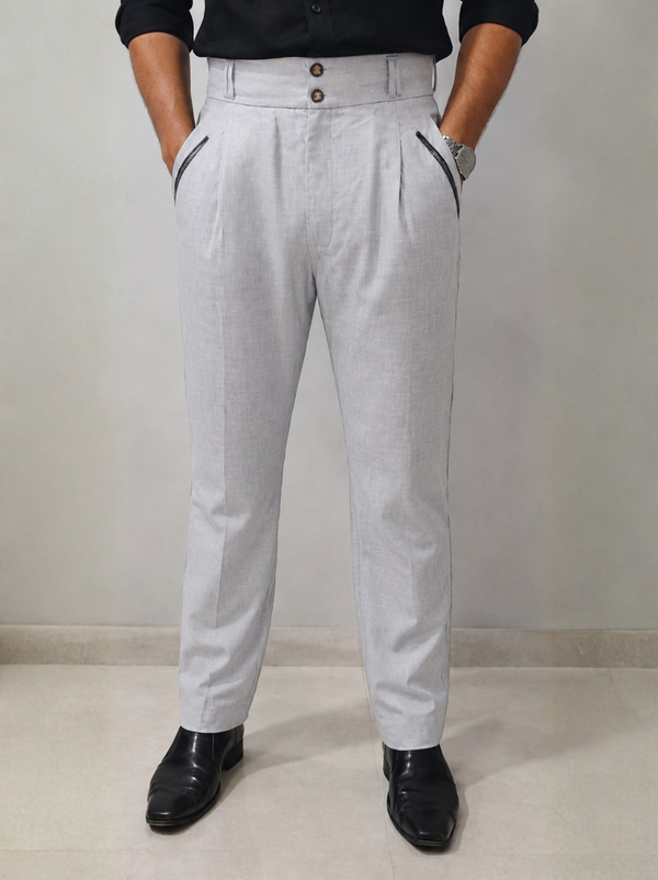 Ash grey pun stripes straight fit Pant with Black side strip and pocket bones